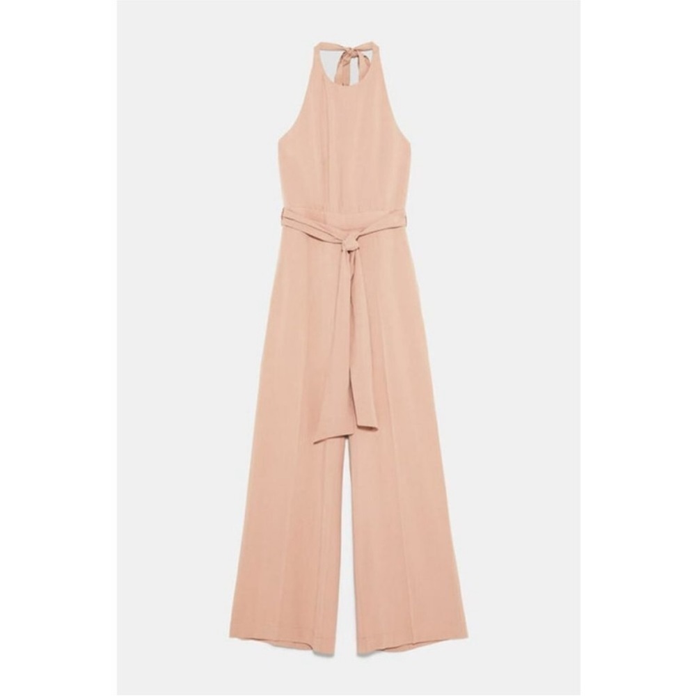 NWT Zara Mauve Viscose Linen Blend Wide Leg Sleeveless Halter Jumpsuit Pockets L - Picture 6 of 12